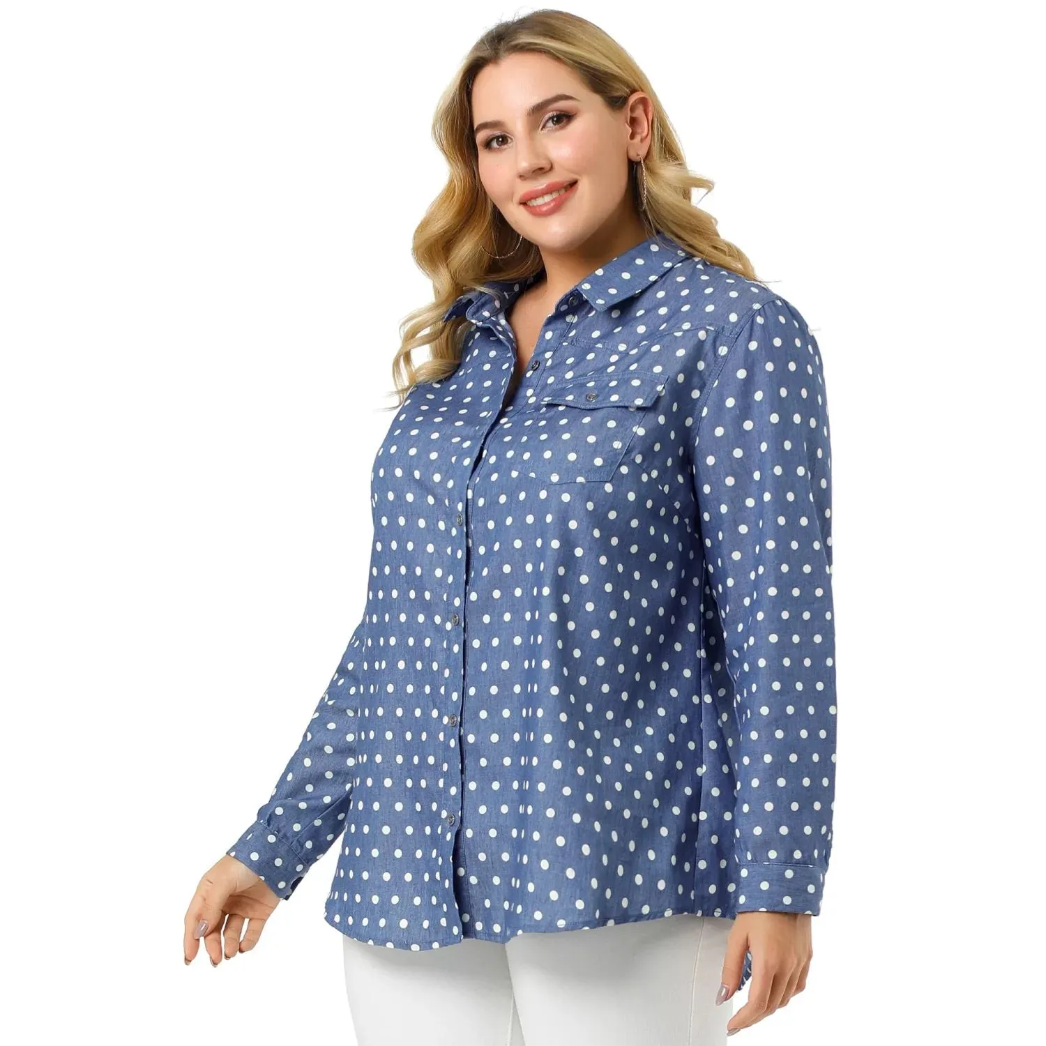 Agnes Orinda Women's Spring Plus Size Long Sleeve Button Down Denim Shirt ,  blue