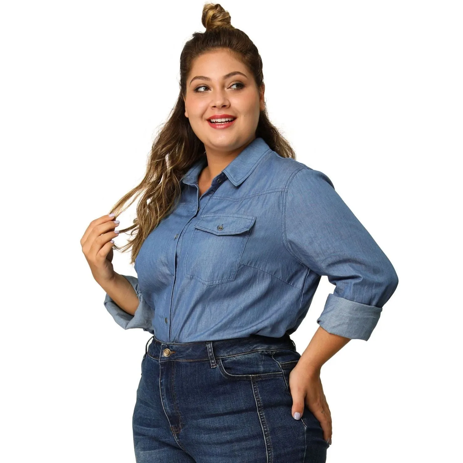 Agnes Orinda Women's Spring Plus Size Long Sleeve Button Down Denim Shirt ,  blue