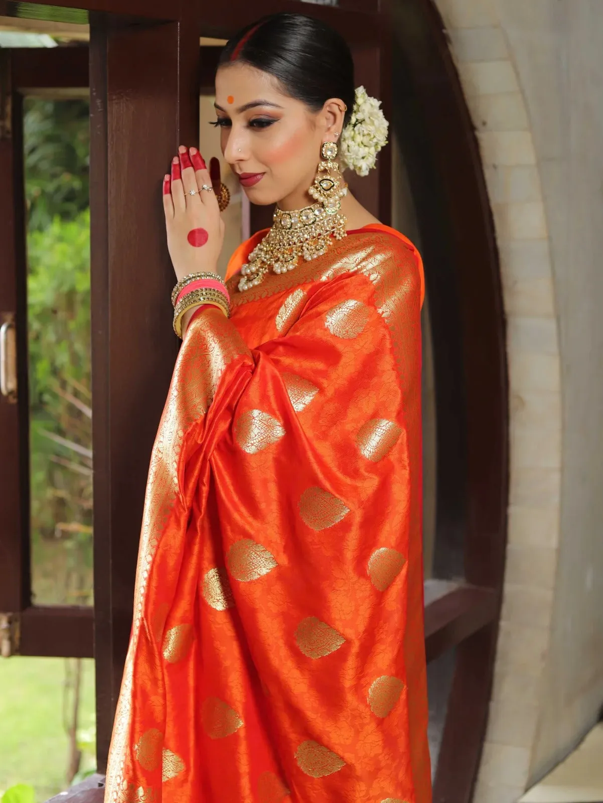 An insanely Orange Soft Silk Saree With Ephemeral Blouse Piece