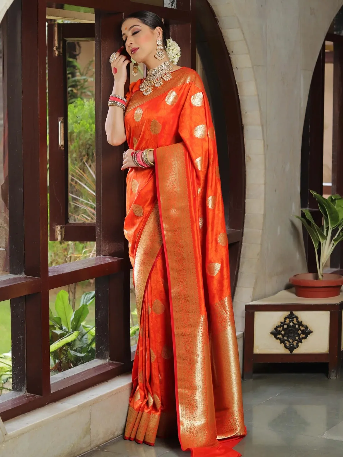 An insanely Orange Soft Silk Saree With Ephemeral Blouse Piece