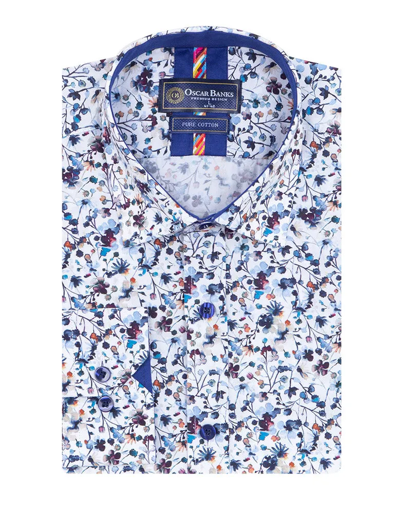 Blue Small Floral Print Shirt with Matching Handkerchief