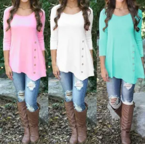 Buttons Decorate 3/4 Sleeves Irregular Long T-shirt
