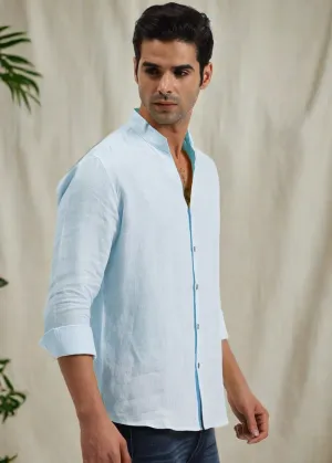 Craig - Pure Linen V Neck Full Sleeve Shirt - Sky Blue