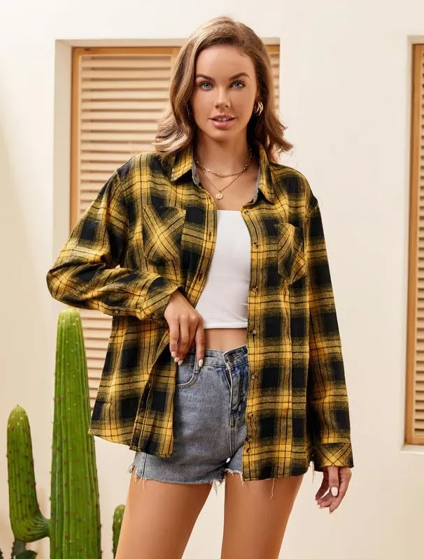 Damipow Flannel Shirt Women Long Sleeve Fall Blouse Ladies Casual Top Cute Clothes