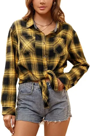 Damipow Flannel Shirt Women Long Sleeve Fall Blouse Ladies Casual Top Cute Clothes