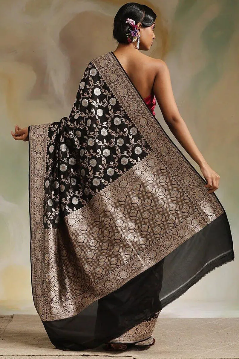 Desirable Black Soft Silk Saree With Hypnotic Blouse Piece