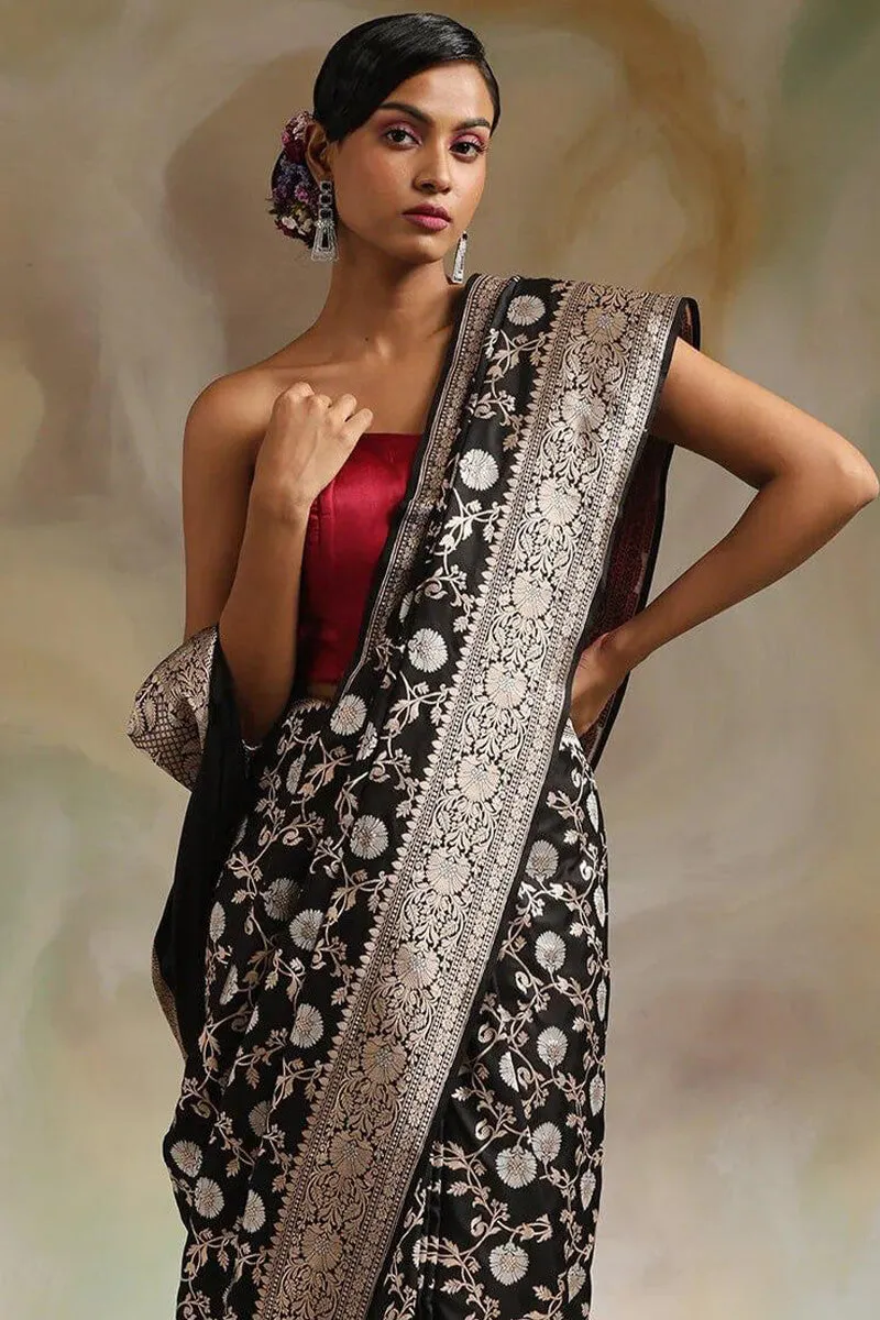 Desirable Black Soft Silk Saree With Hypnotic Blouse Piece
