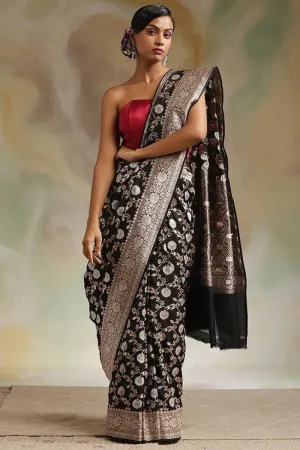 Desirable Black Soft Silk Saree With Hypnotic Blouse Piece