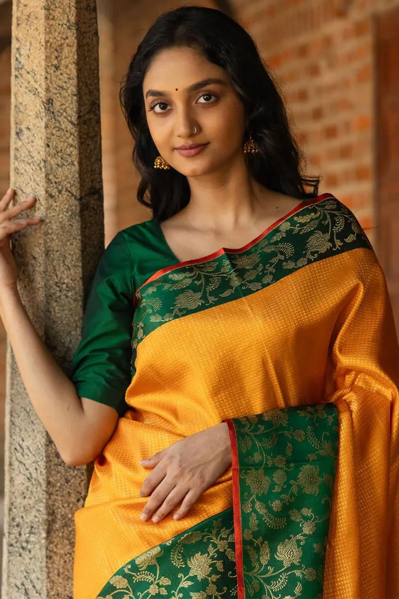 Effervescent Yellow Soft Silk Saree With Denouement Blouse Piece
