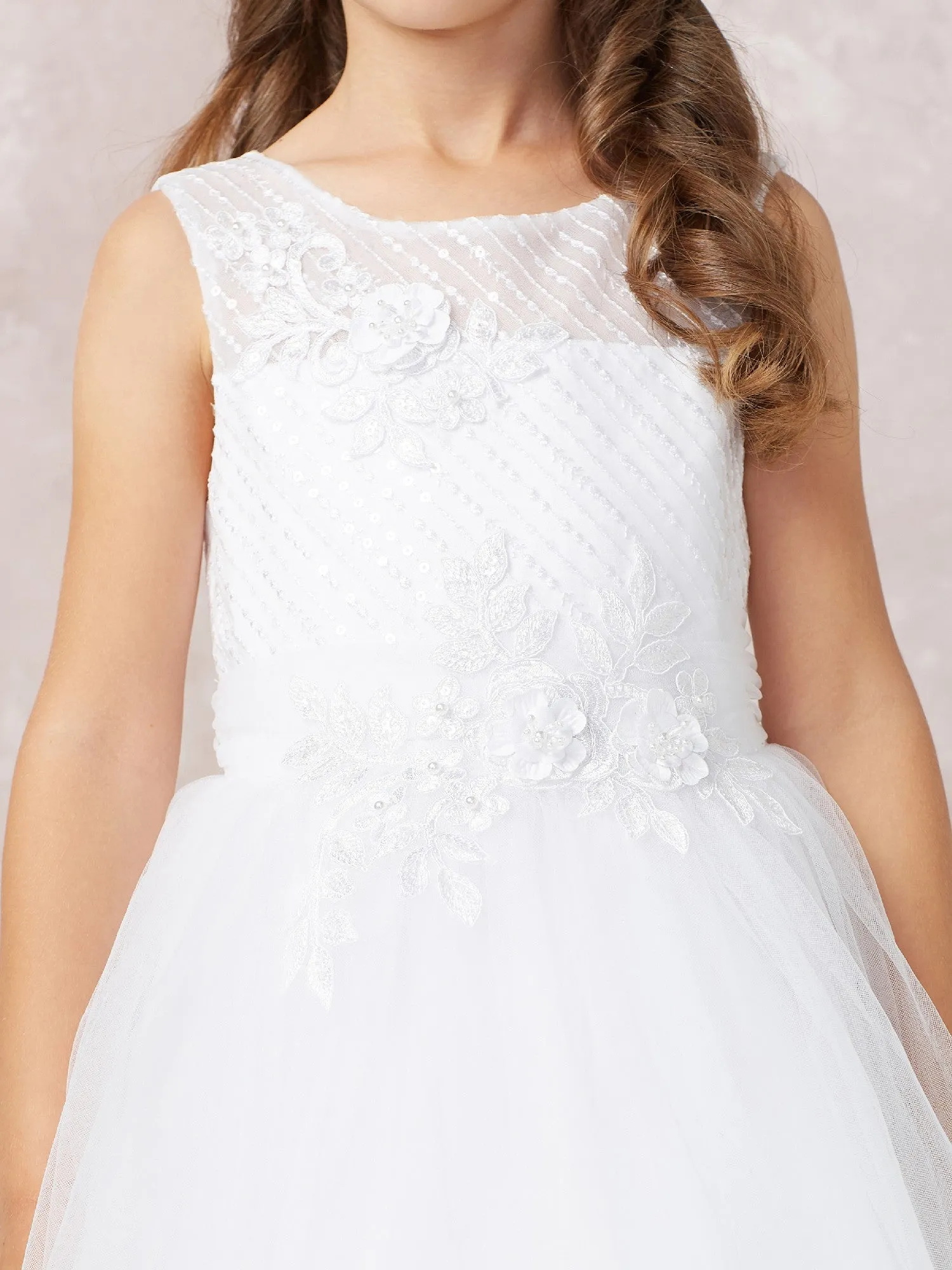 Girls White Lace Applique Illusion Neckline Special Occasion Dress, Sizes 2-18