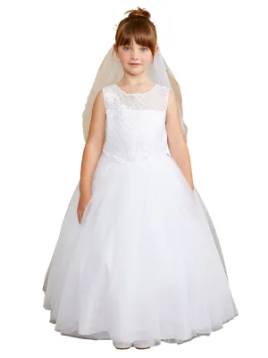 Girls White Lace Applique Illusion Neckline Special Occasion Dress, Sizes 2-18