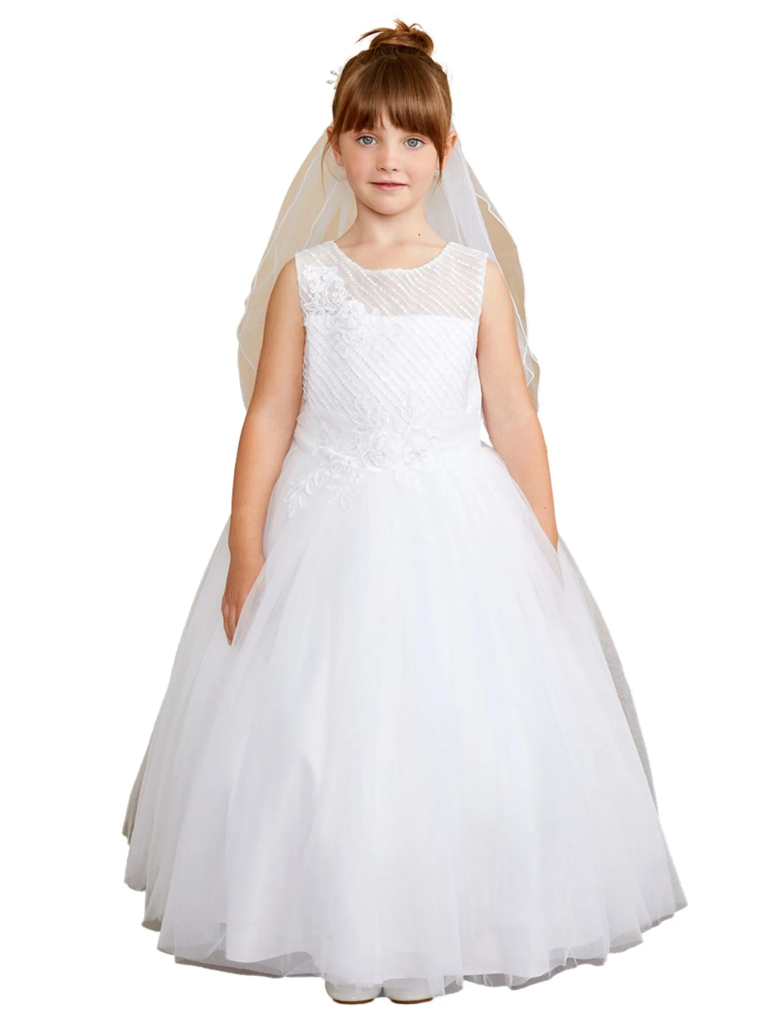 Girls White Lace Applique Illusion Neckline Special Occasion Dress, Sizes 2-18
