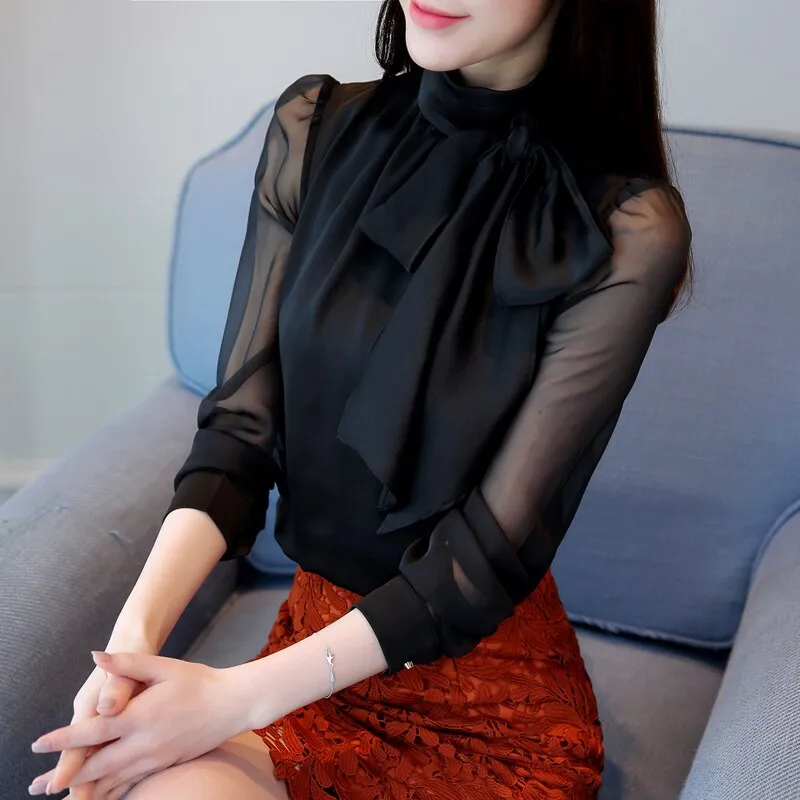Joskaa Back To College Autmun long sleeve shirt women fashion womens tops and blouses 2024 solid bow stand collar office blouses women blusas 1286 40