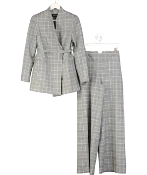 Karen Millen Black 2-piece Collarless Checked Belted Blazer & Wide Leg Trouser suit UK 6