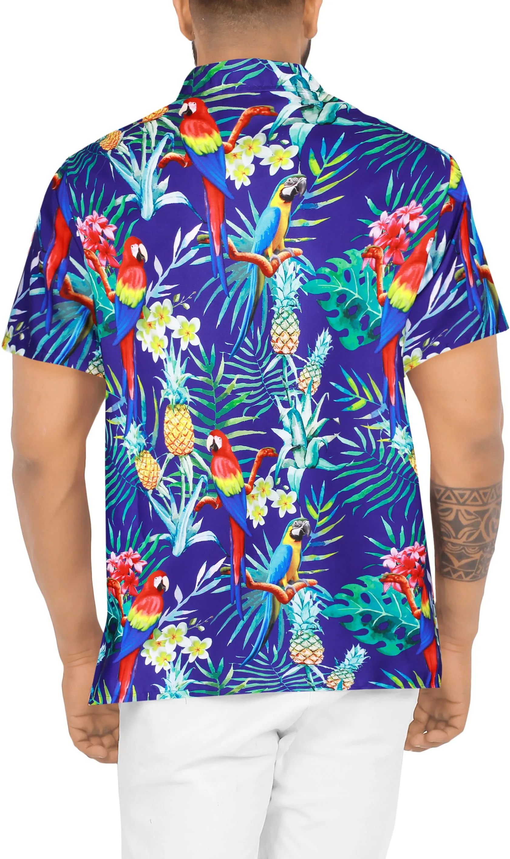 LA LEELA Hawaiian Shirt for Men's Parrot and Tropical Palm Leaves Print Button-Down Shirt (Blue)