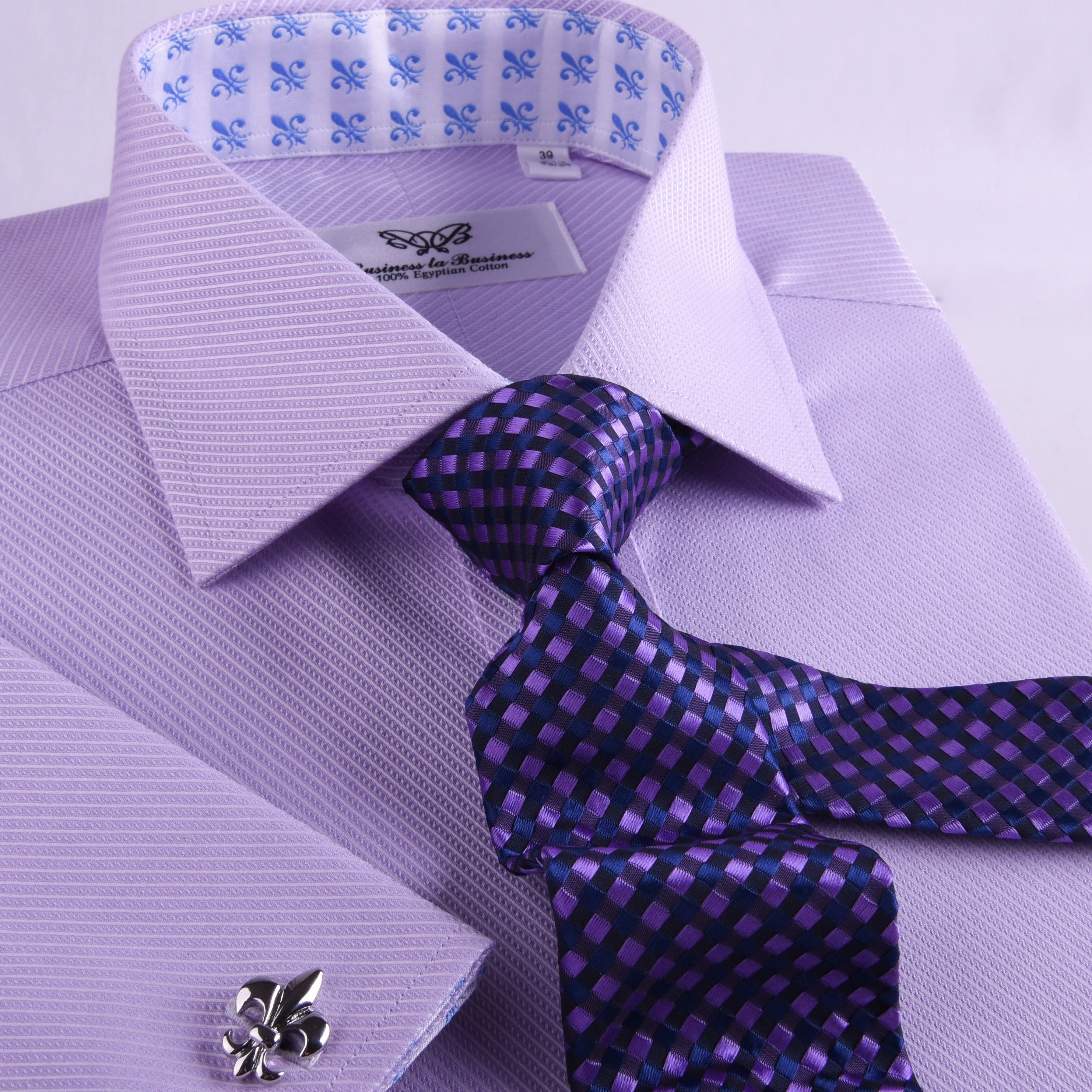 Lilac Designer Twill Formal Business Dress Shirt FLuer-De-Lis Inner-Lining Fashion