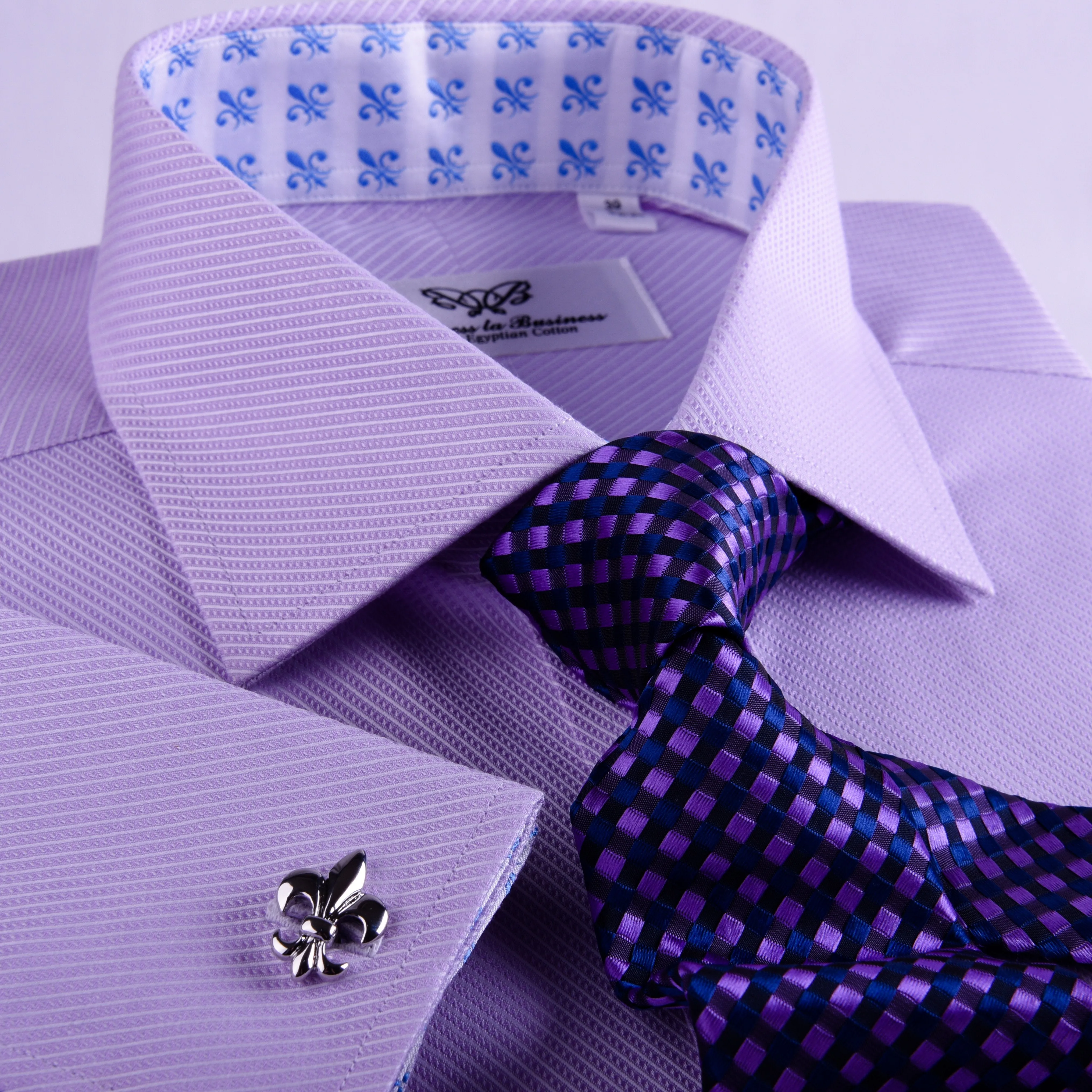 Lilac Designer Twill Formal Business Dress Shirt FLuer-De-Lis Inner-Lining Fashion