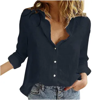 Linen Cotton Womens Short Sleeve Shirts Long Sleeves T Shirt Blouse Tops Spring Tops for Women Oversized Button Down