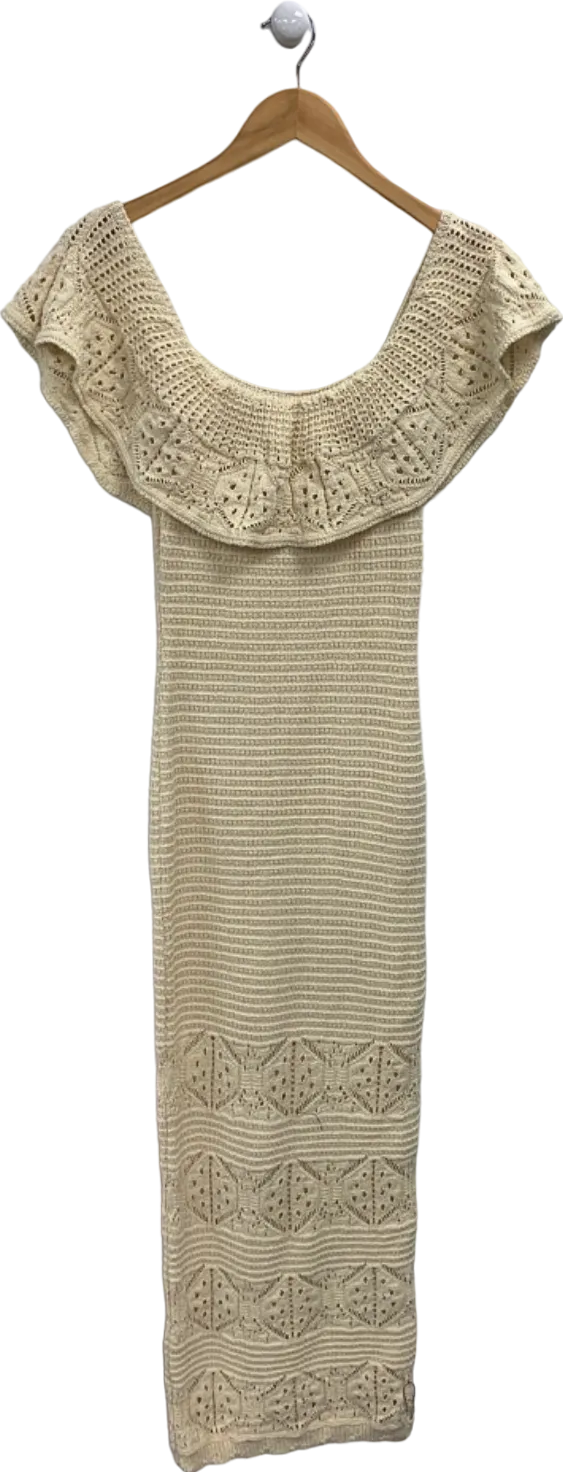 Lipsy Neutral Bardot Crochet Maxi Dress UK 8