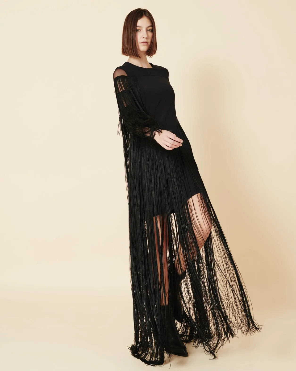 Long Silk Evening Dress with Fringes