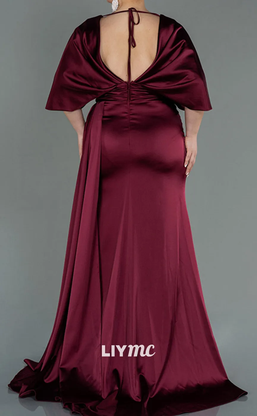 M1120 - V-Neck Half Sleeves Sleek Satin Side Slit Mother of Bride Wedding Guest Dress