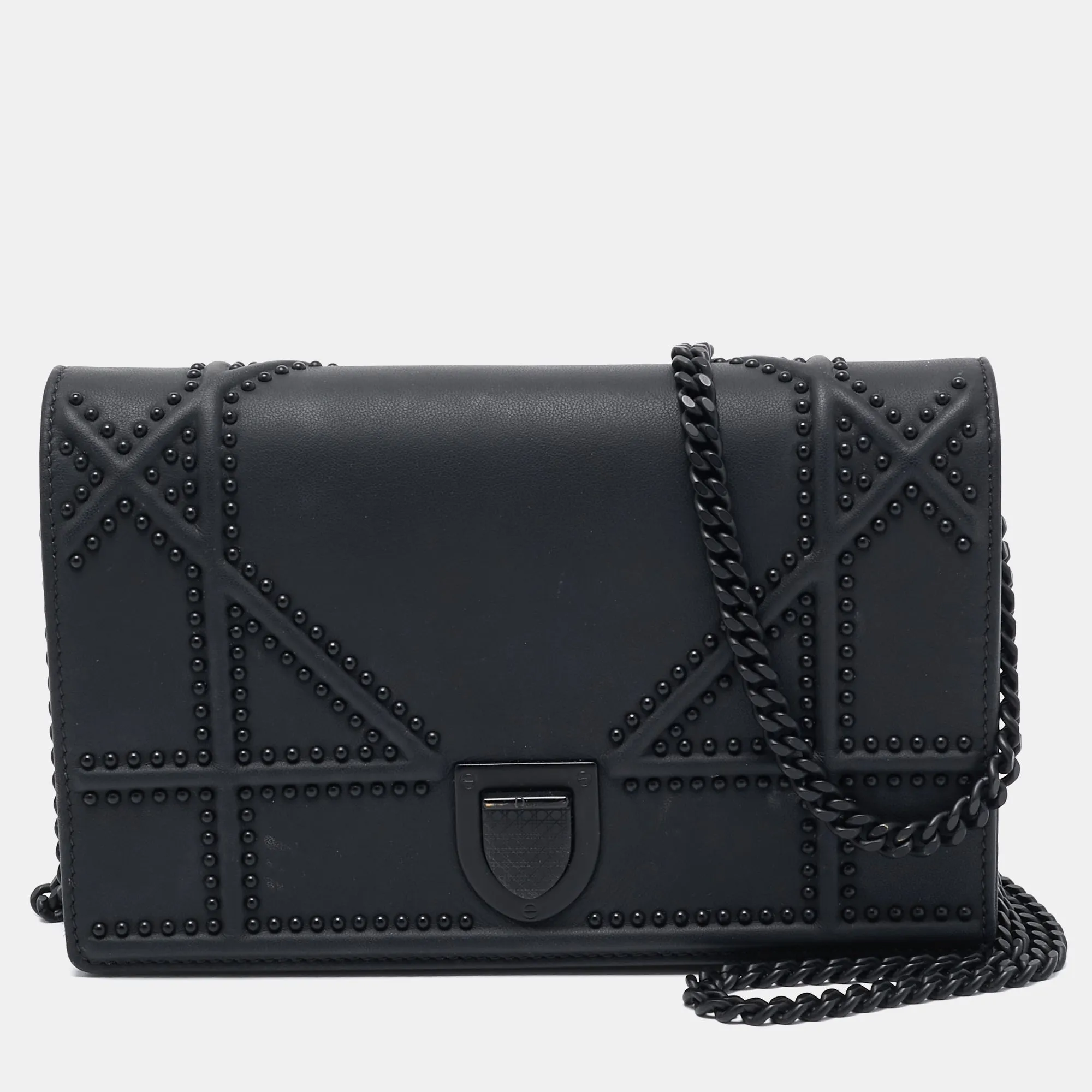 Matte Black Leather Studded Diorama Wallet on Chain