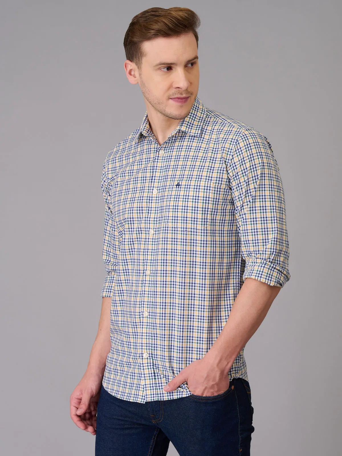 Men Ivory and Blue Checks Shirt (GBHM23ED11)