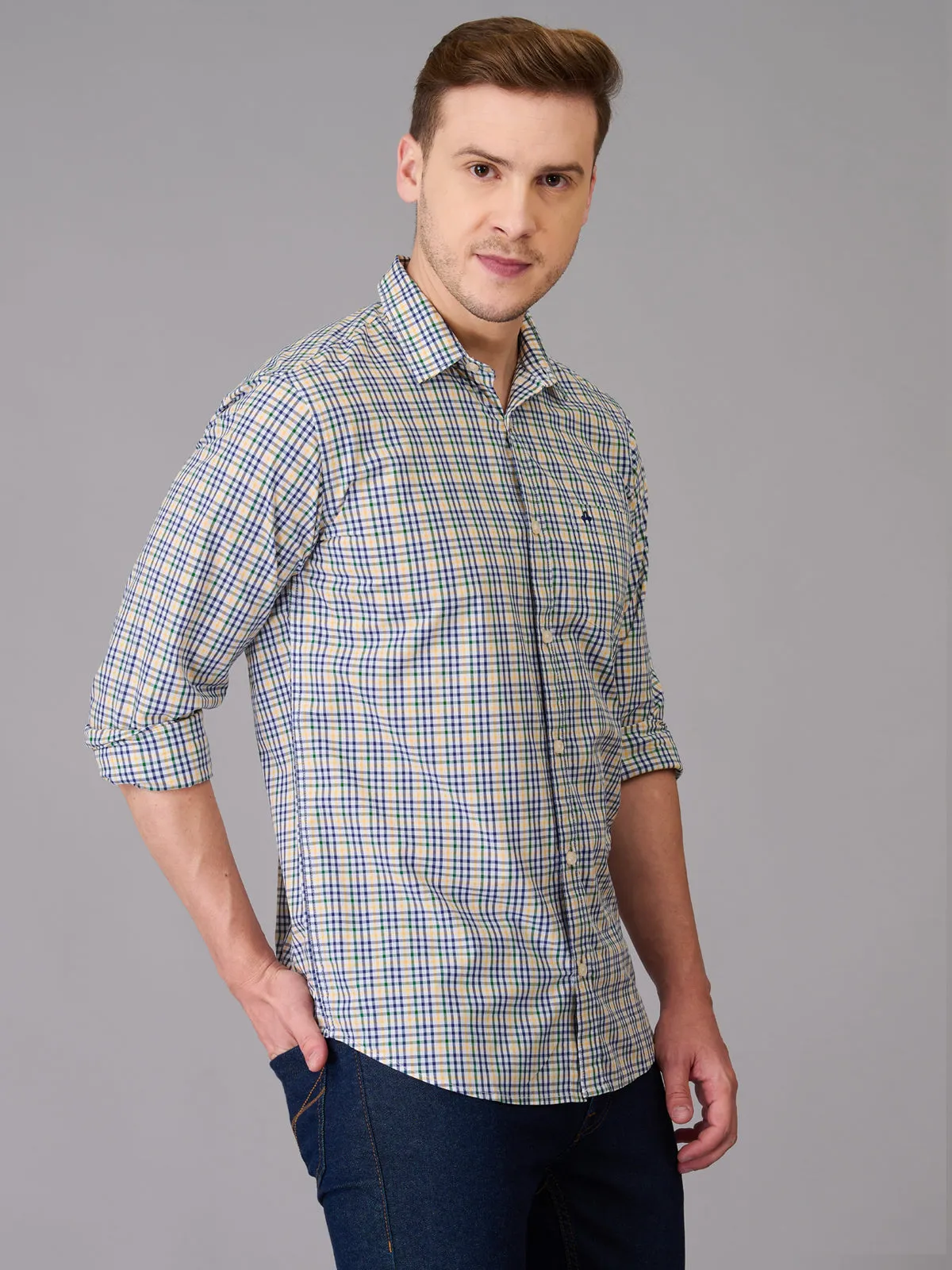 Men Ivory and Blue Checks Shirt (GBHM23ED11)