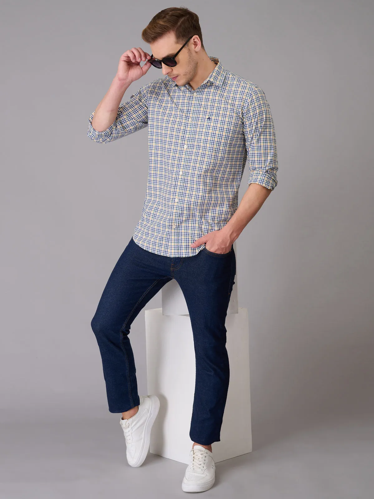 Men Ivory and Blue Checks Shirt (GBHM23ED11)