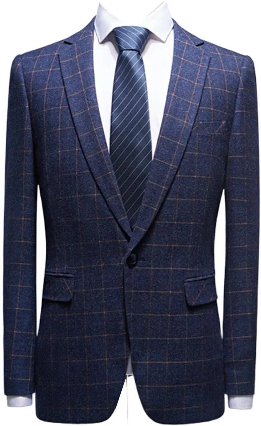 Men's Checked Blazer Office Notch Lapel Single Breasted Button Coat