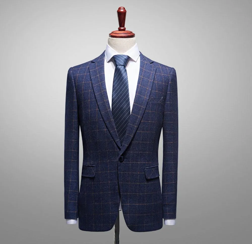 Men's Checked Blazer Office Notch Lapel Single Breasted Button Coat