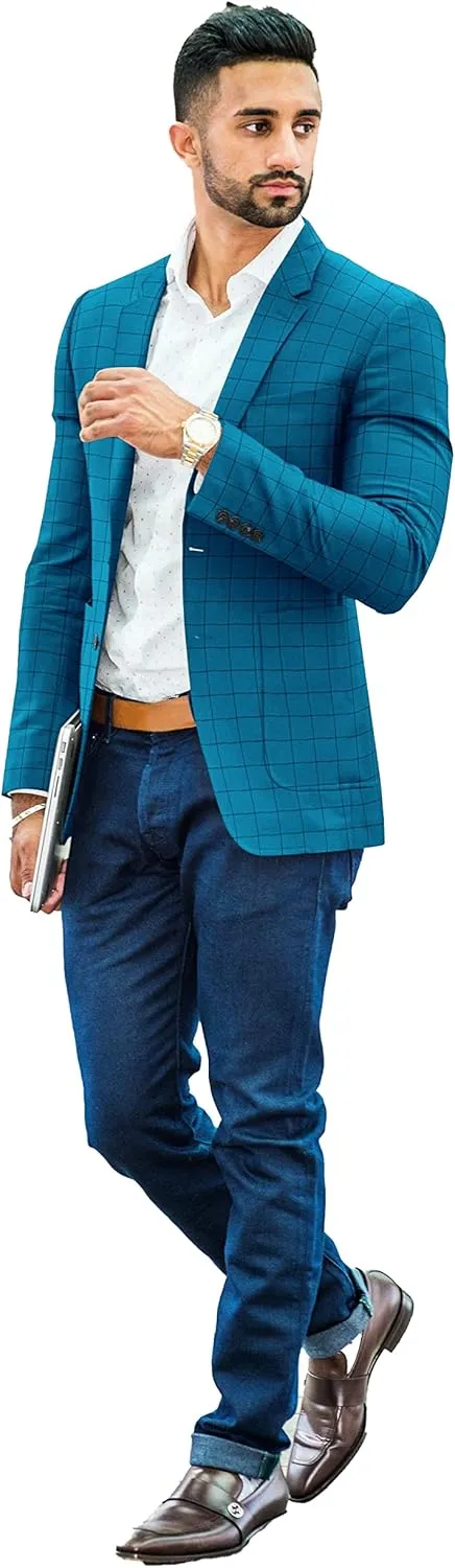 Men's Cotton Plaid Blazer Checked 2 Button Long Sleeve Regular Daily Fit Suit Jacket Business Lightweight Casual Sport Coat