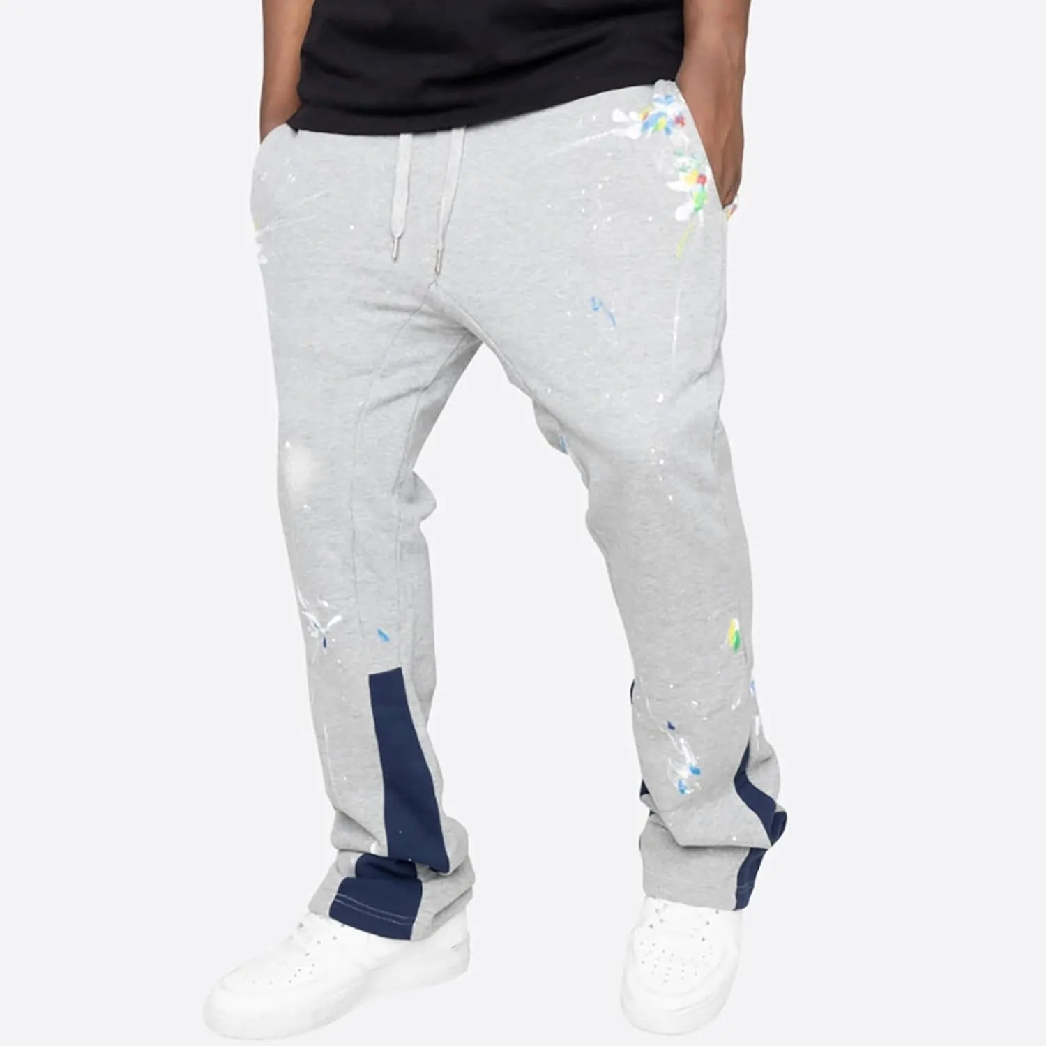 Mens Stacked Flared Jogger Sweatpants Patchwork Casual Y2K Wide Leg Track Pants Hippie Printed Bell Bottom Pants