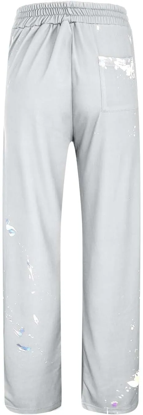 Mens Stacked Flared Jogger Sweatpants Patchwork Casual Y2K Wide Leg Track Pants Hippie Printed Bell Bottom Pants