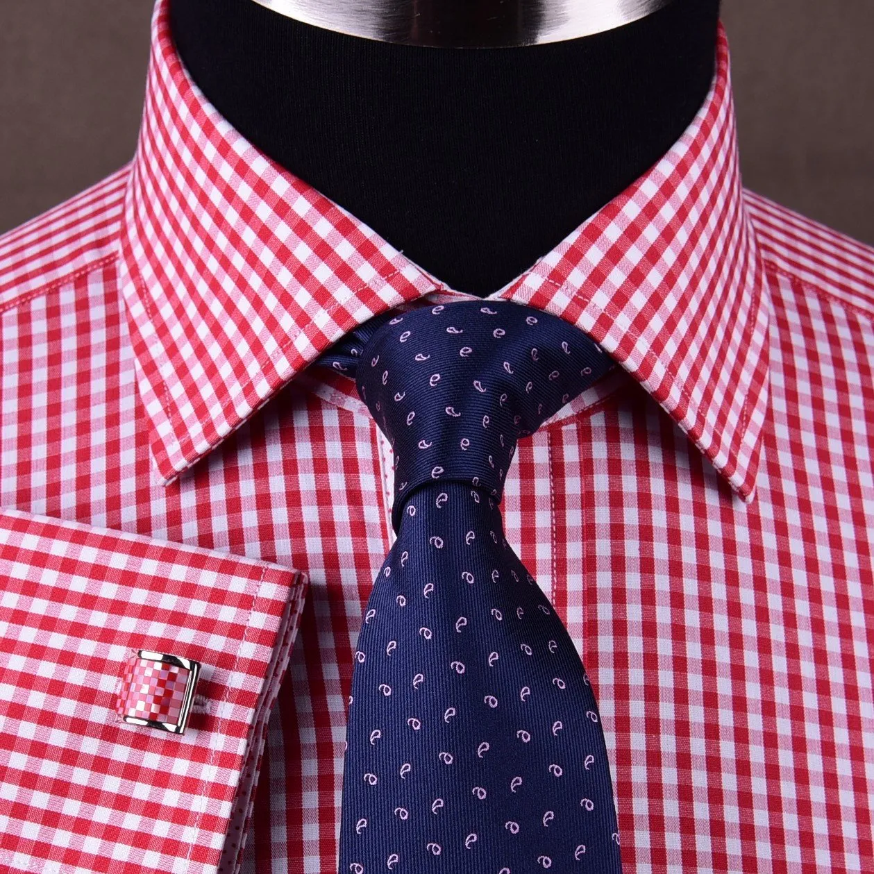 Mini Small Red Gingham Check Pindot Business Formal Dress Shirt