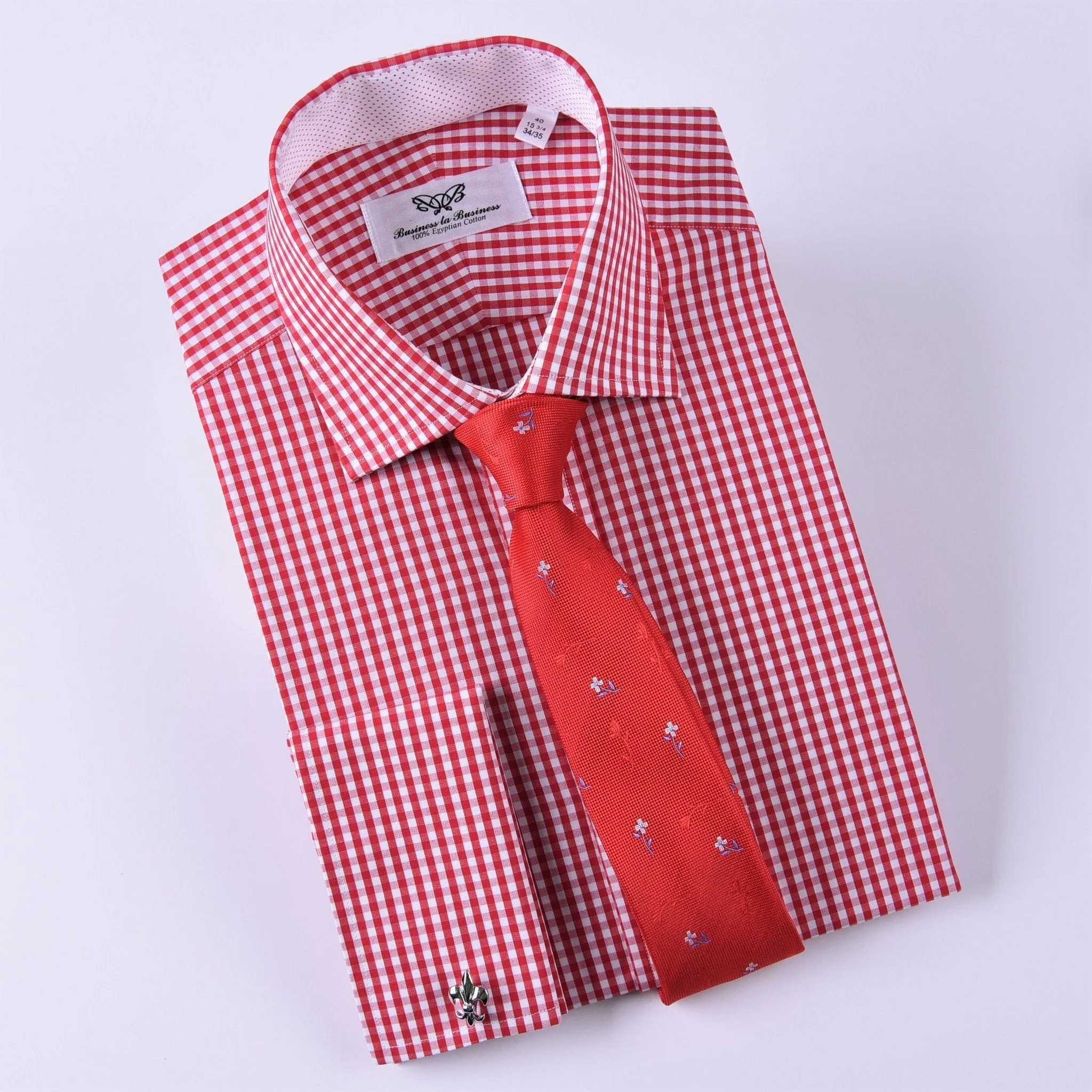 Mini Small Red Gingham Check Pindot Business Formal Dress Shirt