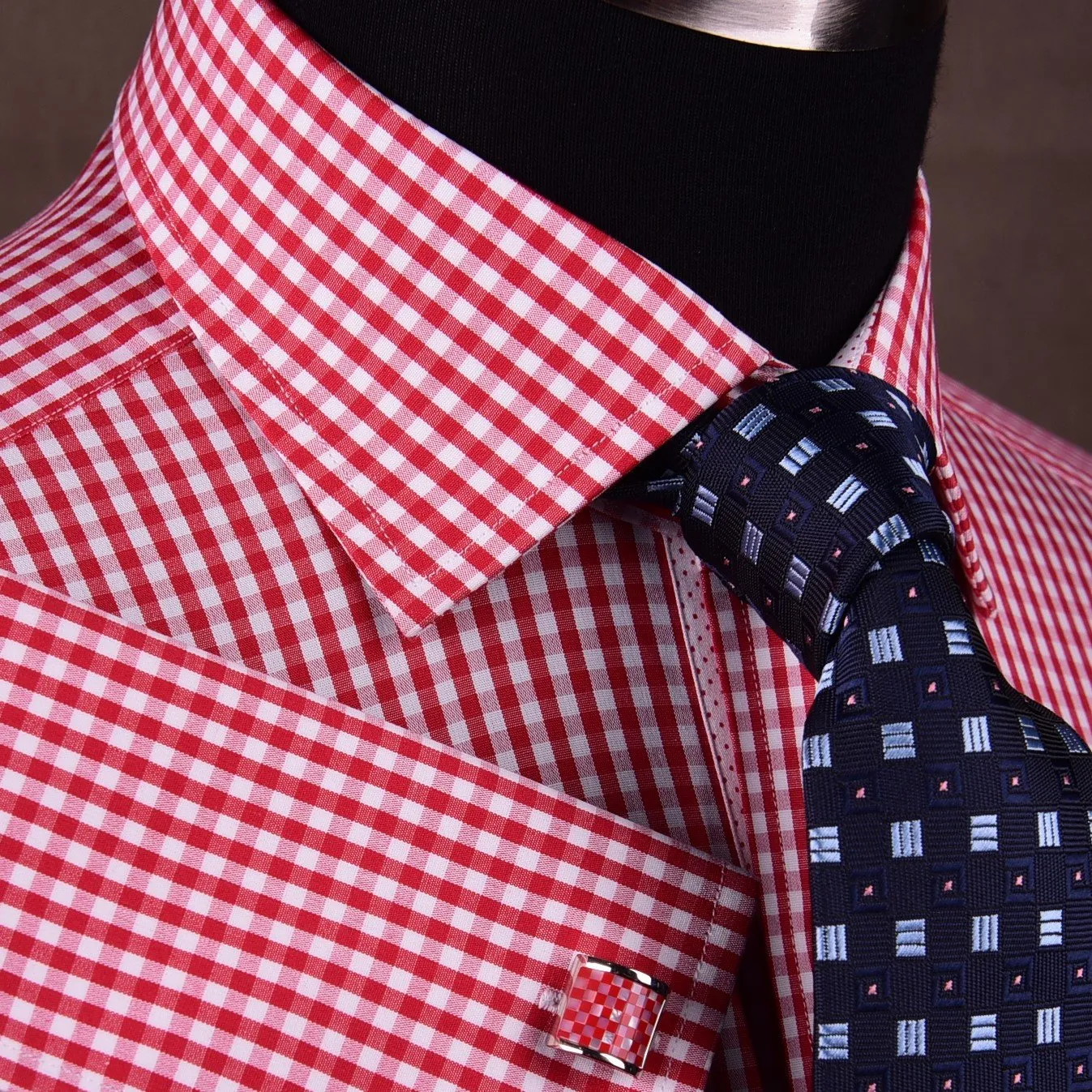 Mini Small Red Gingham Check Pindot Business Formal Dress Shirt
