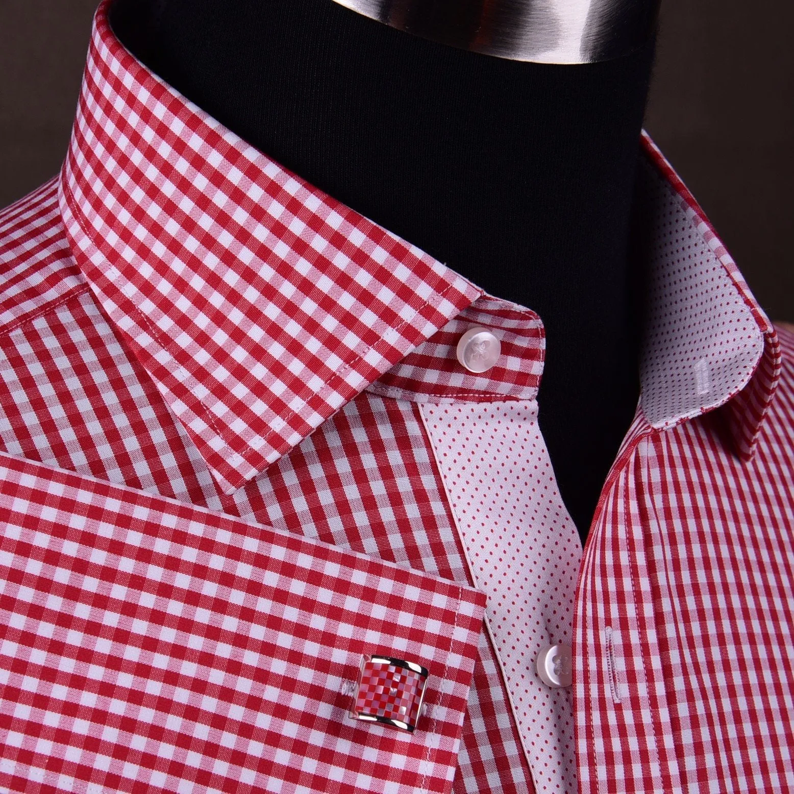 Mini Small Red Gingham Check Pindot Business Formal Dress Shirt