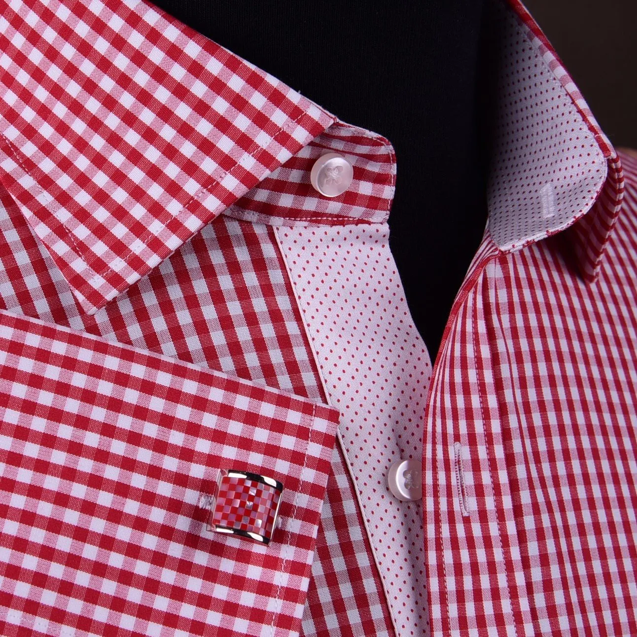Mini Small Red Gingham Check Pindot Business Formal Dress Shirt