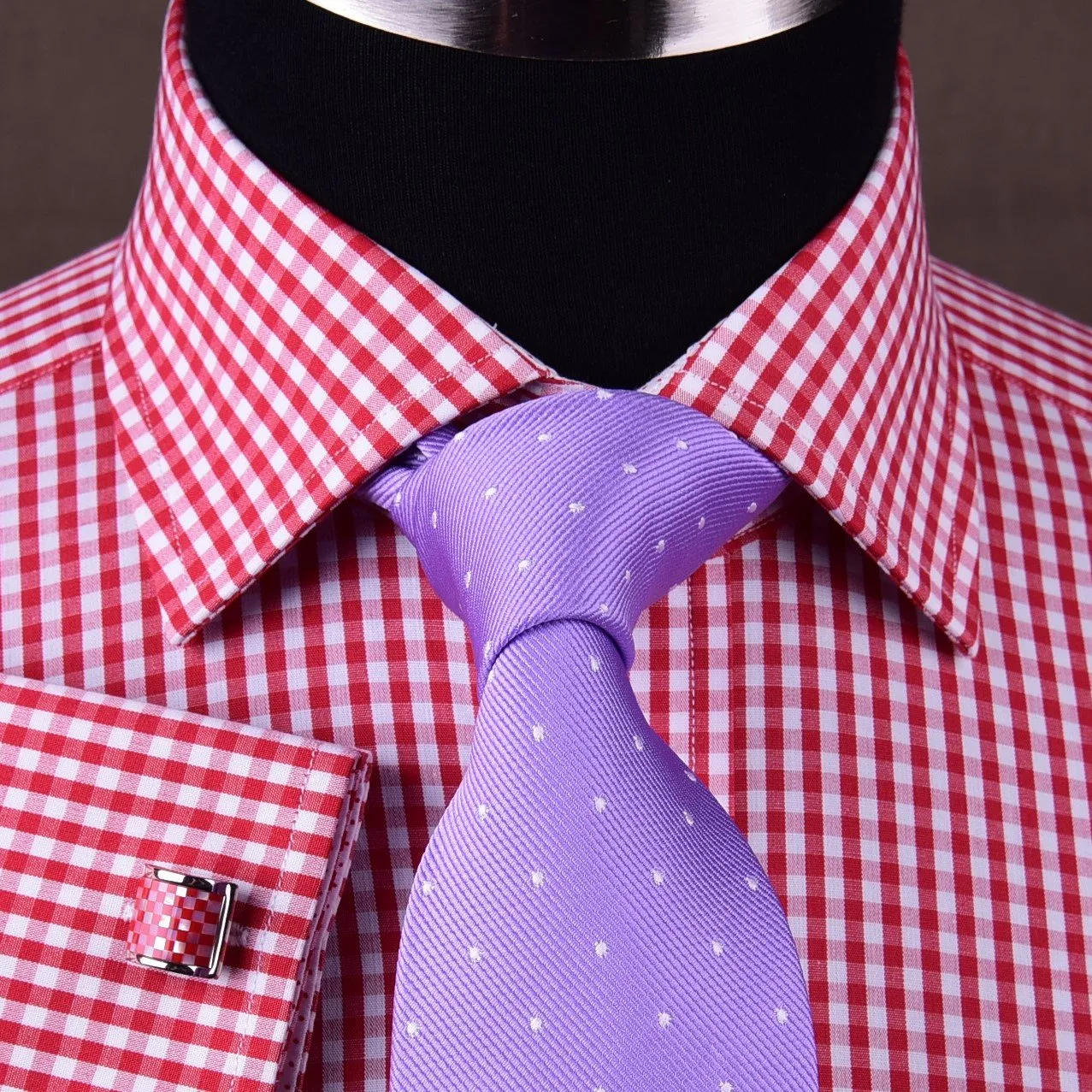 Mini Small Red Gingham Check Pindot Business Formal Dress Shirt
