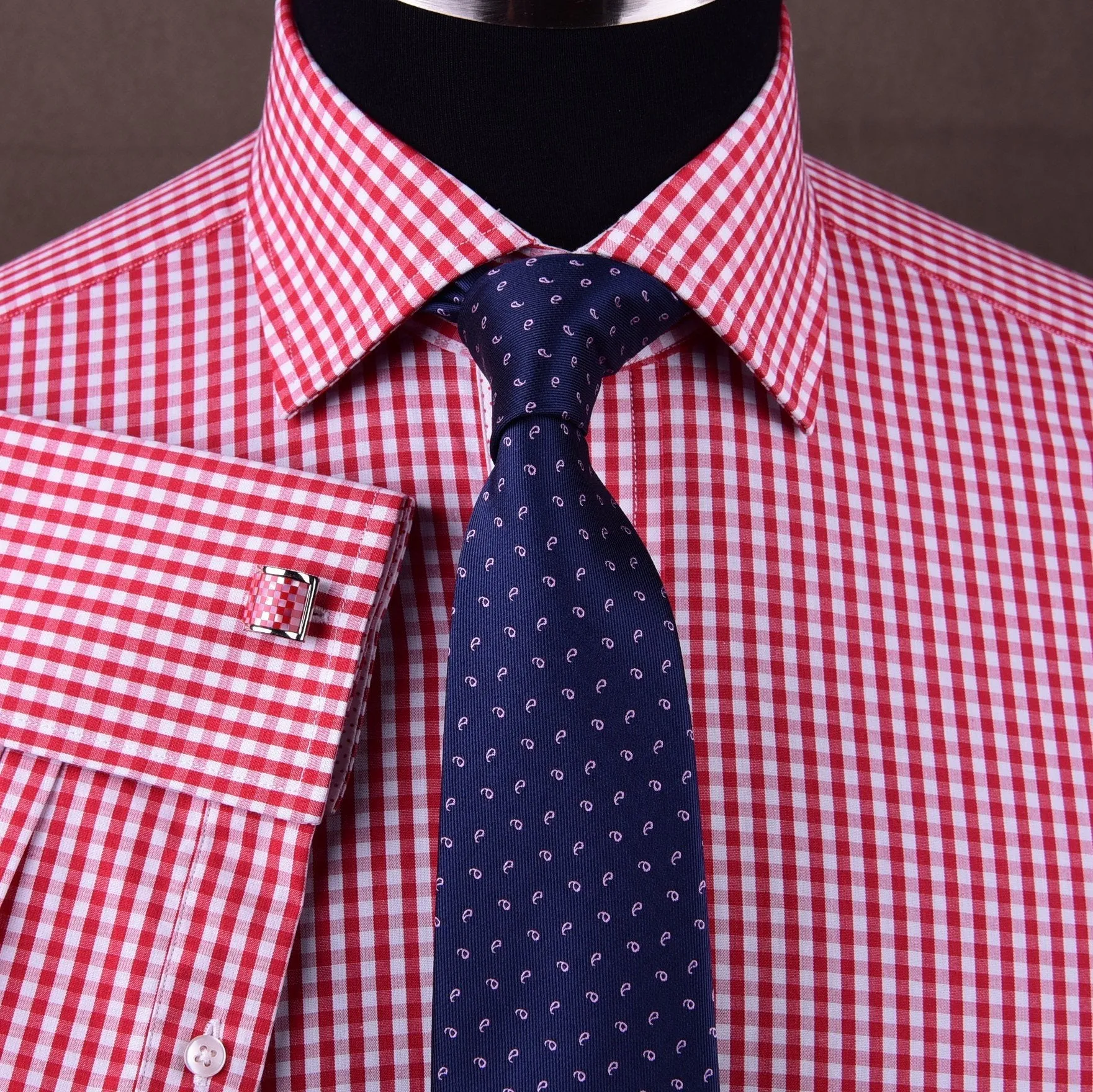 Mini Small Red Gingham Check Pindot Business Formal Dress Shirt