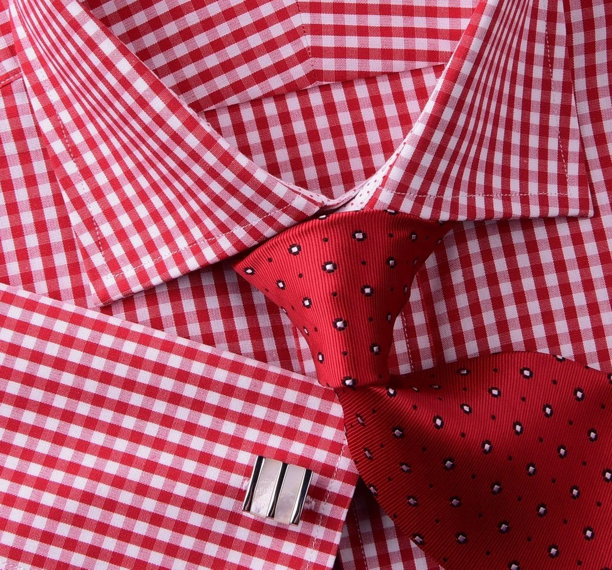 Mini Small Red Gingham Check Pindot Business Formal Dress Shirt