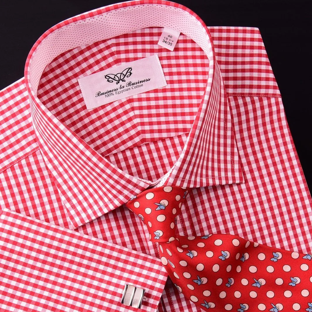 Mini Small Red Gingham Check Pindot Business Formal Dress Shirt