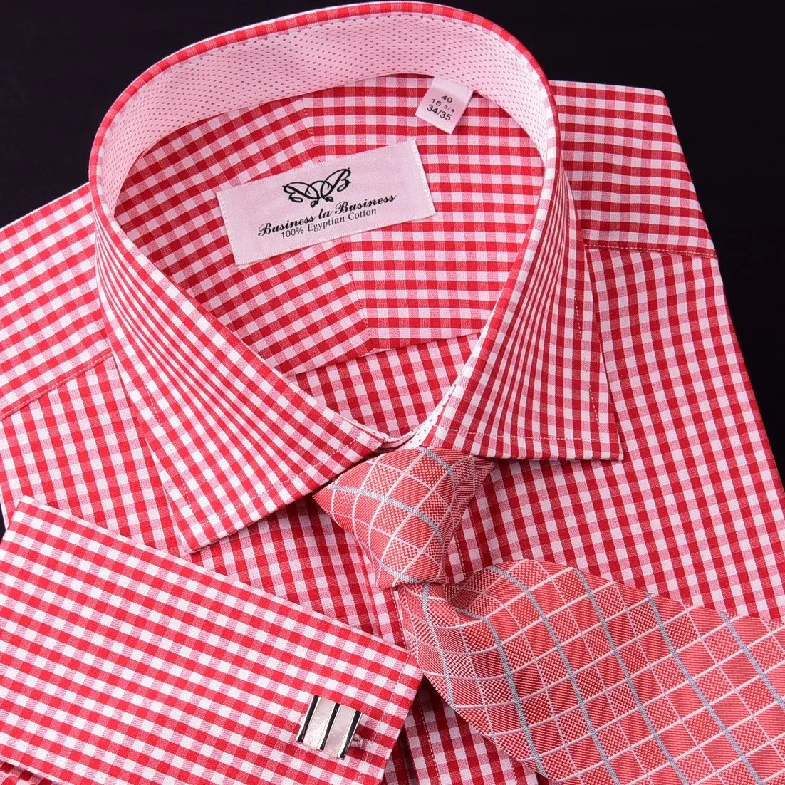 Mini Small Red Gingham Check Pindot Business Formal Dress Shirt
