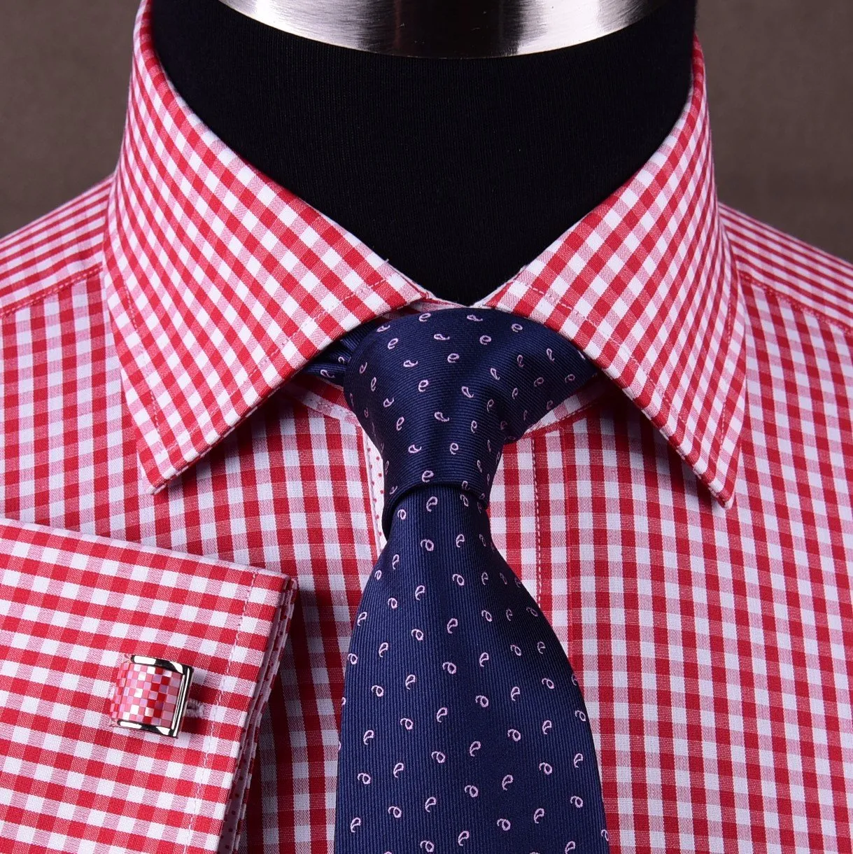 Mini Small Red Gingham Check Pindot Business Formal Dress Shirt