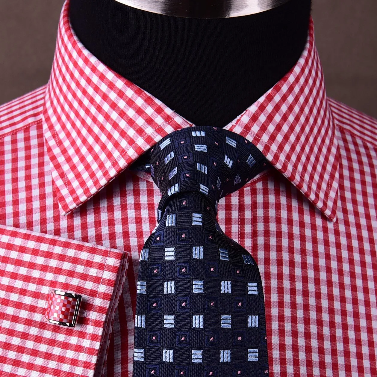 Mini Small Red Gingham Check Pindot Business Formal Dress Shirt