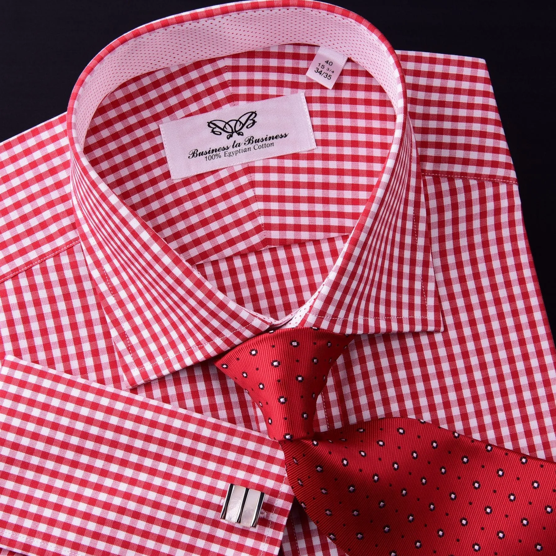 Mini Small Red Gingham Check Pindot Business Formal Dress Shirt
