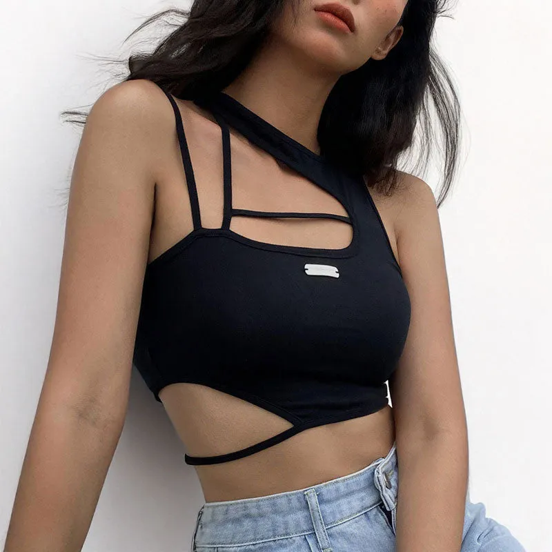 MODERN ASYMMETRICAL CUT BLACK COTTON CROP TOP