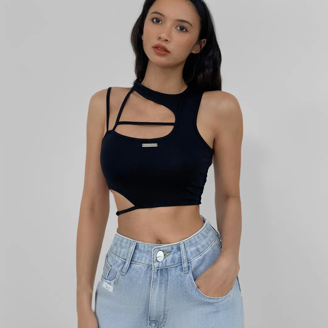 MODERN ASYMMETRICAL CUT BLACK COTTON CROP TOP