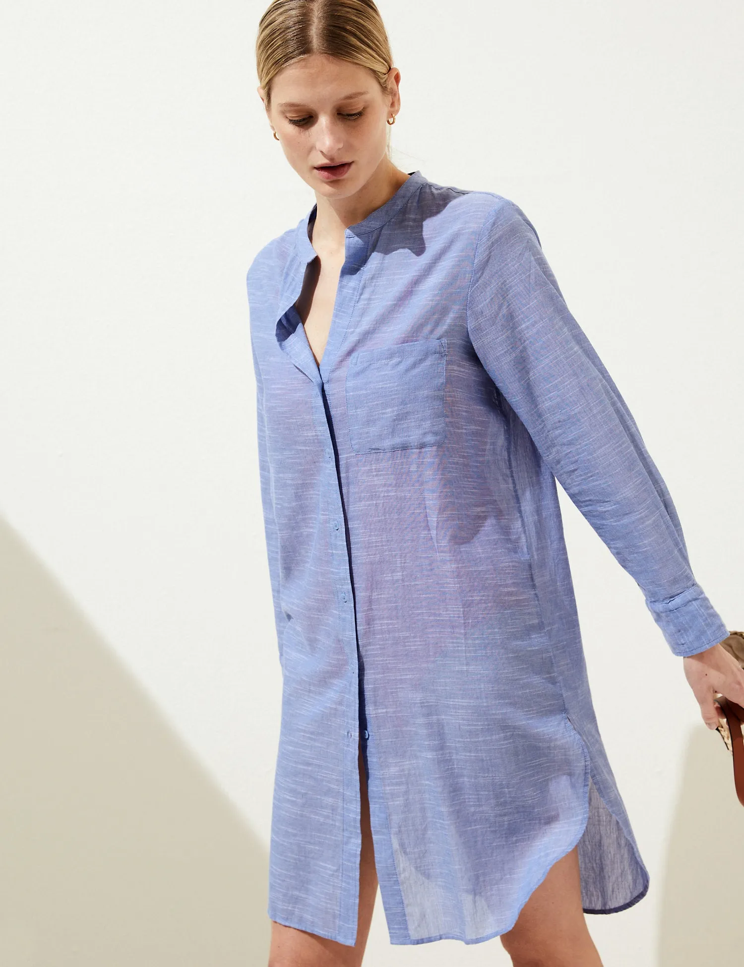 Pure Cotton Collarless Beach Cover Up Shirt